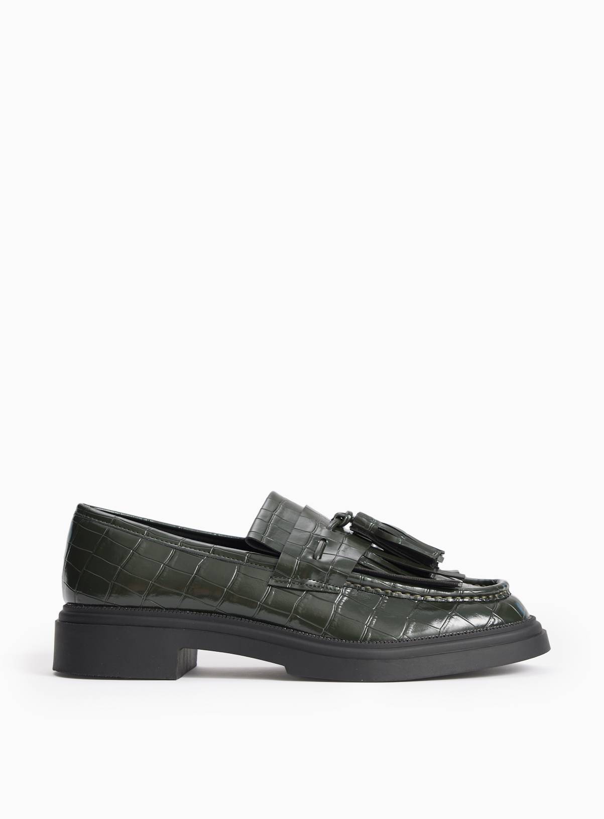 Dark Green Faux Leather Croc Detail Chunky Loafers 5 - Image 2